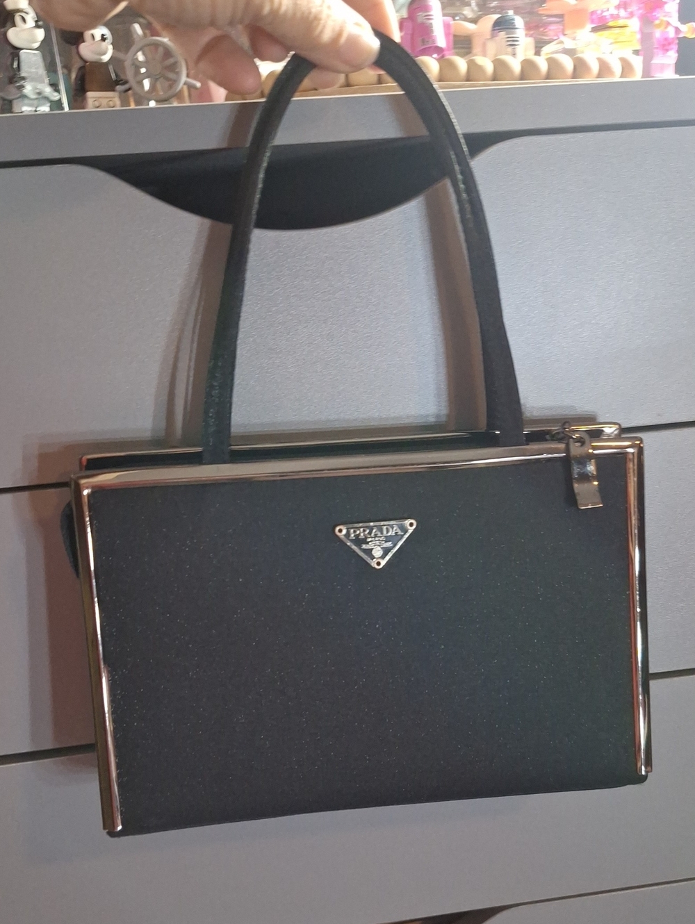 Designer Inspired Black Structured Top-Handle Satchel with Gold Trim